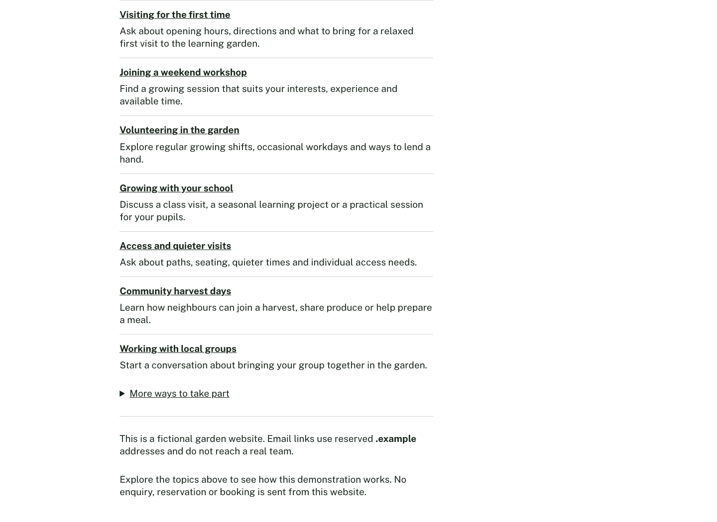 A community garden enquiry directory uses bold linked labels and brief descriptions, with supporting routes under More ways to take part.