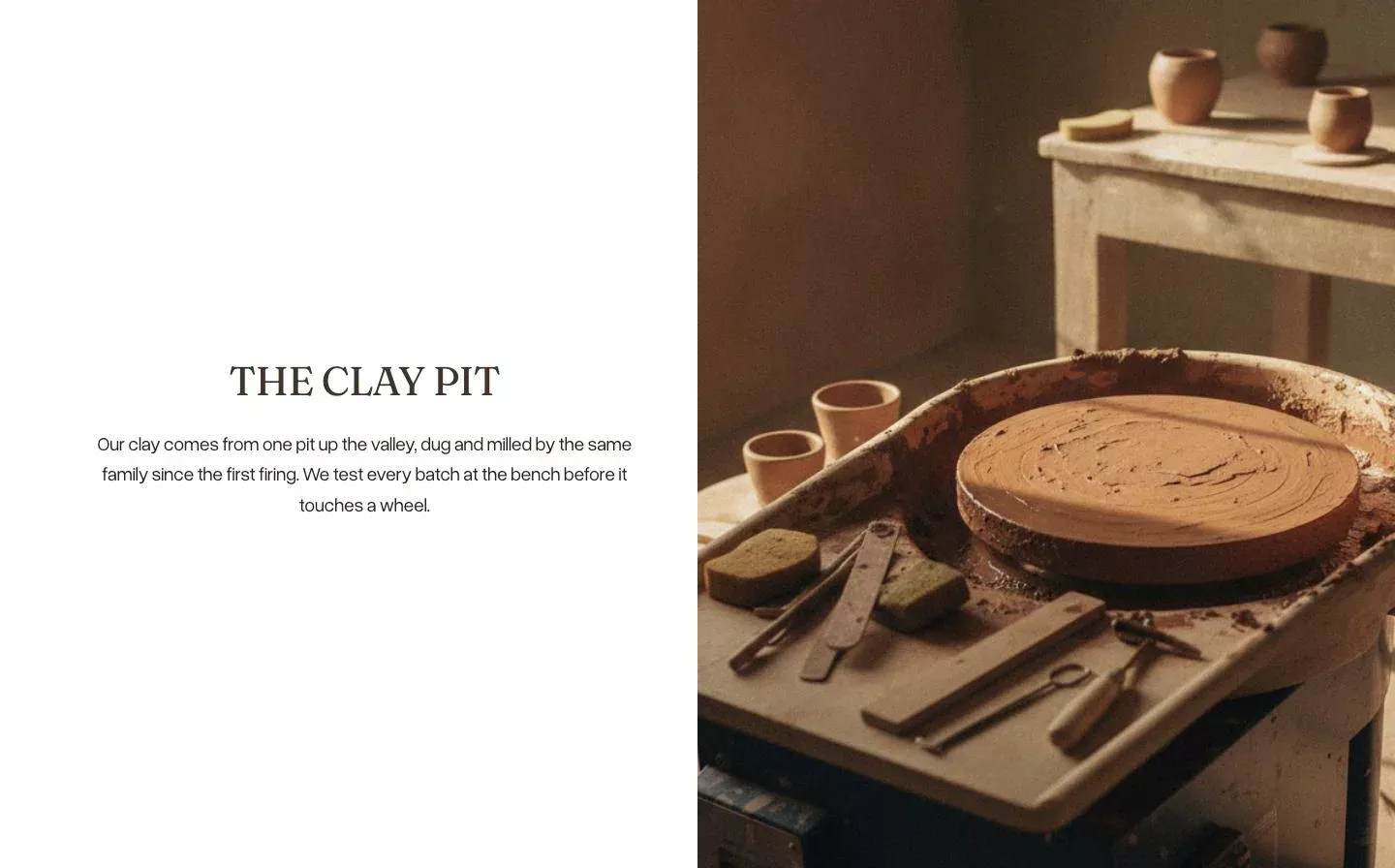 A quiet Caldera chapter places a concise clay story beside a warm workshop photograph.