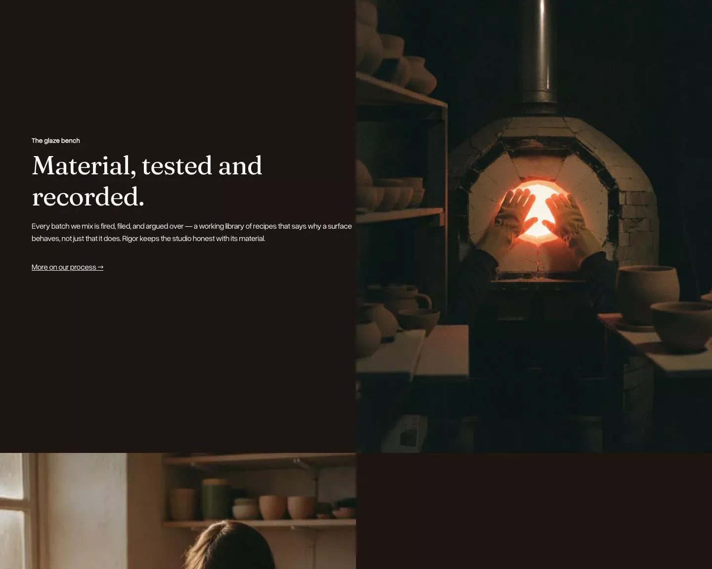 Two consecutive Caldera chapters join dark copy fields to pottery workshop photographs across a shared seam.