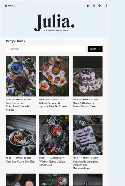 Julia food blog WordPress theme Tablet View