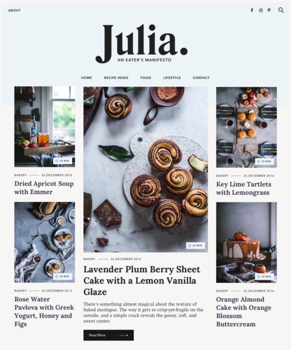 Desktop View for Julia Lite a free food blog WordPress theme